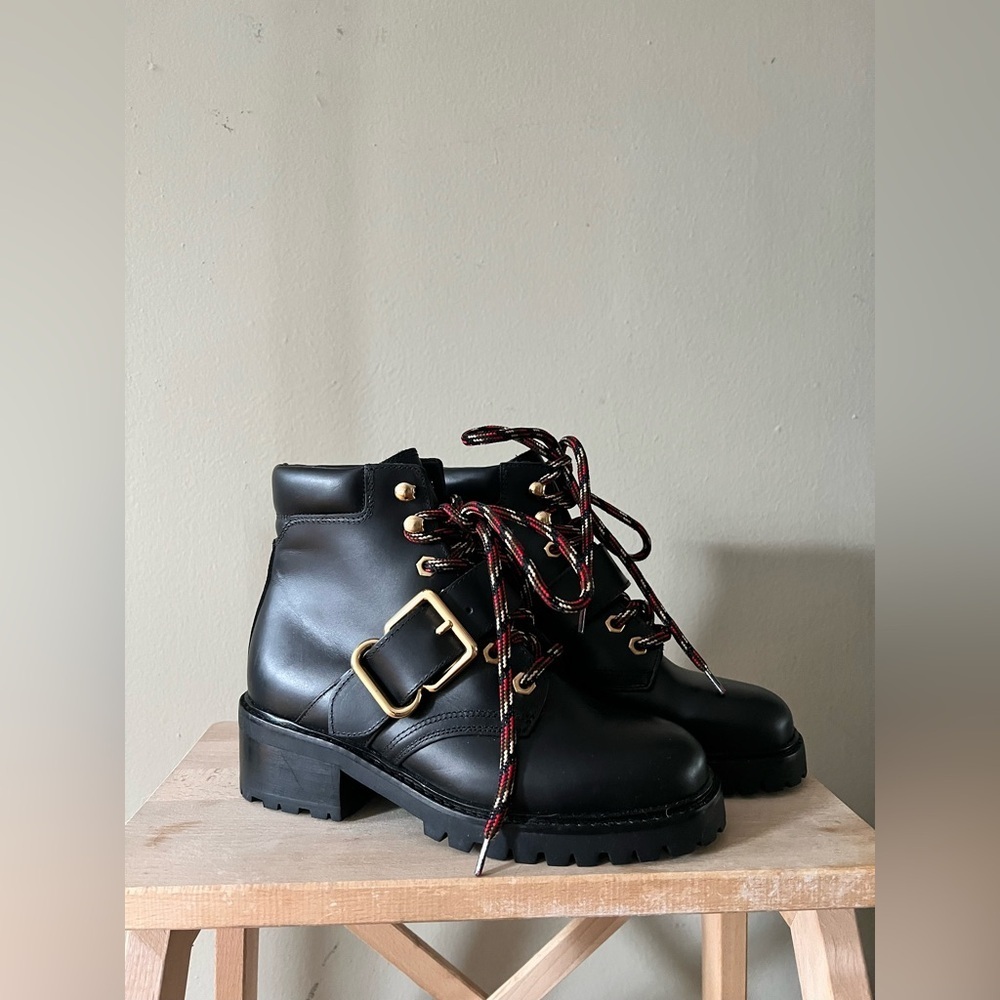 Sandro Black Leather Buckle Combat Boots | 37